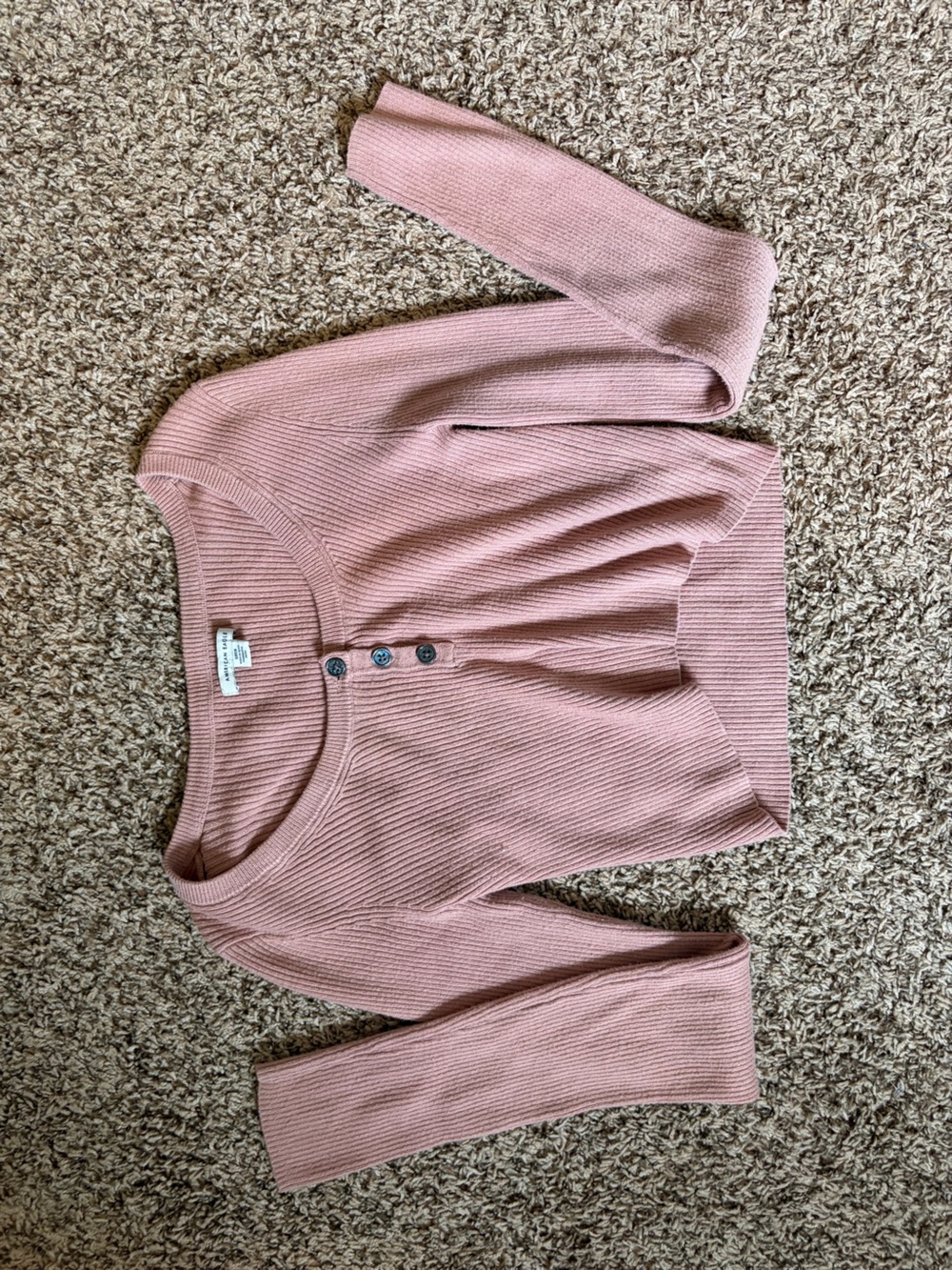 American Eagle Outfitters Dusty Rose Ribbed Scoop-Neck Cropped Button Sweater